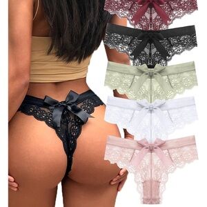 Lace Bow Back Thong Panties - 5-Pack (Black, Wine, Sage, White, Blush)